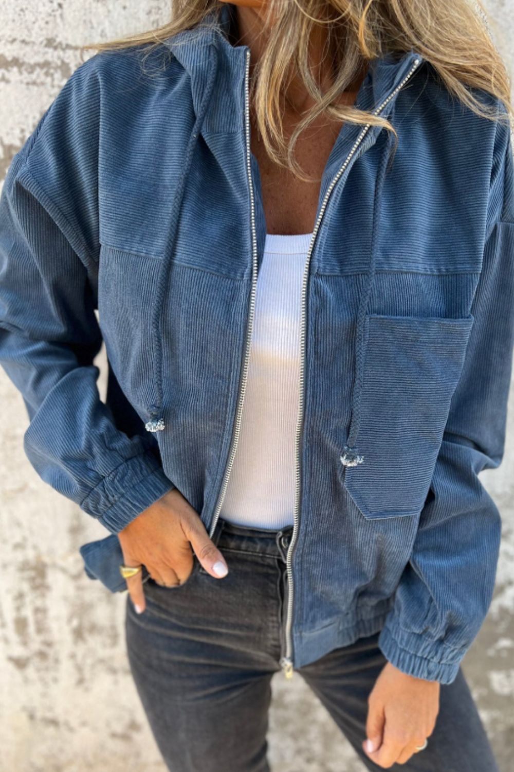 Pocketed Zip Up Long Sleeve Hooded Jacket - Black Ivory Apparel & Boutique