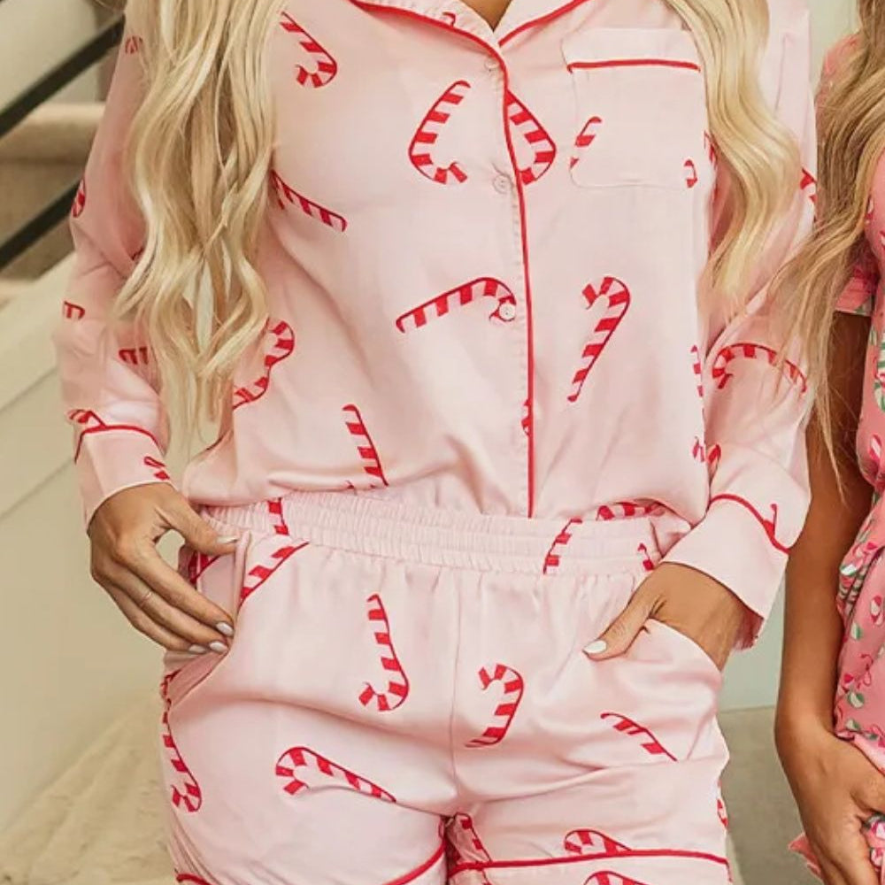 Candy Cane Collared Neck Long Sleeve Top and Shorts Lounge Set