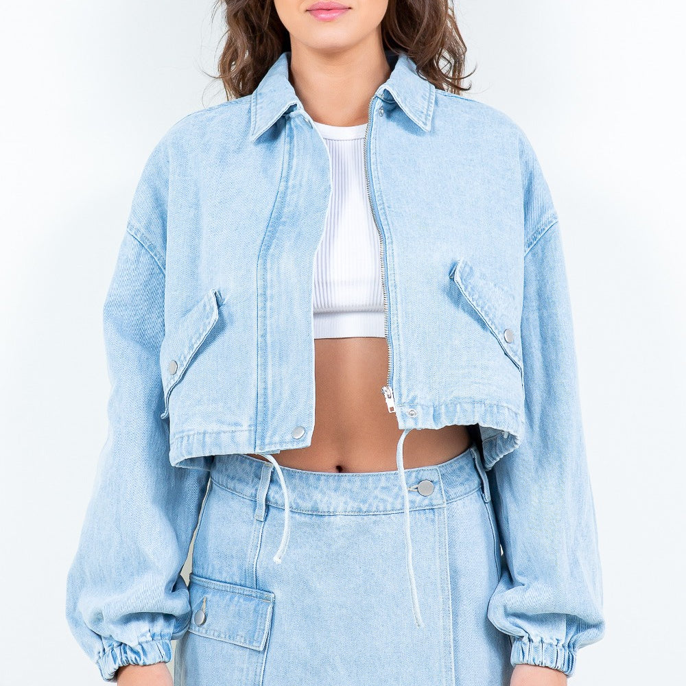 American Bazi Drawstring Waist Crop Denim Jacket