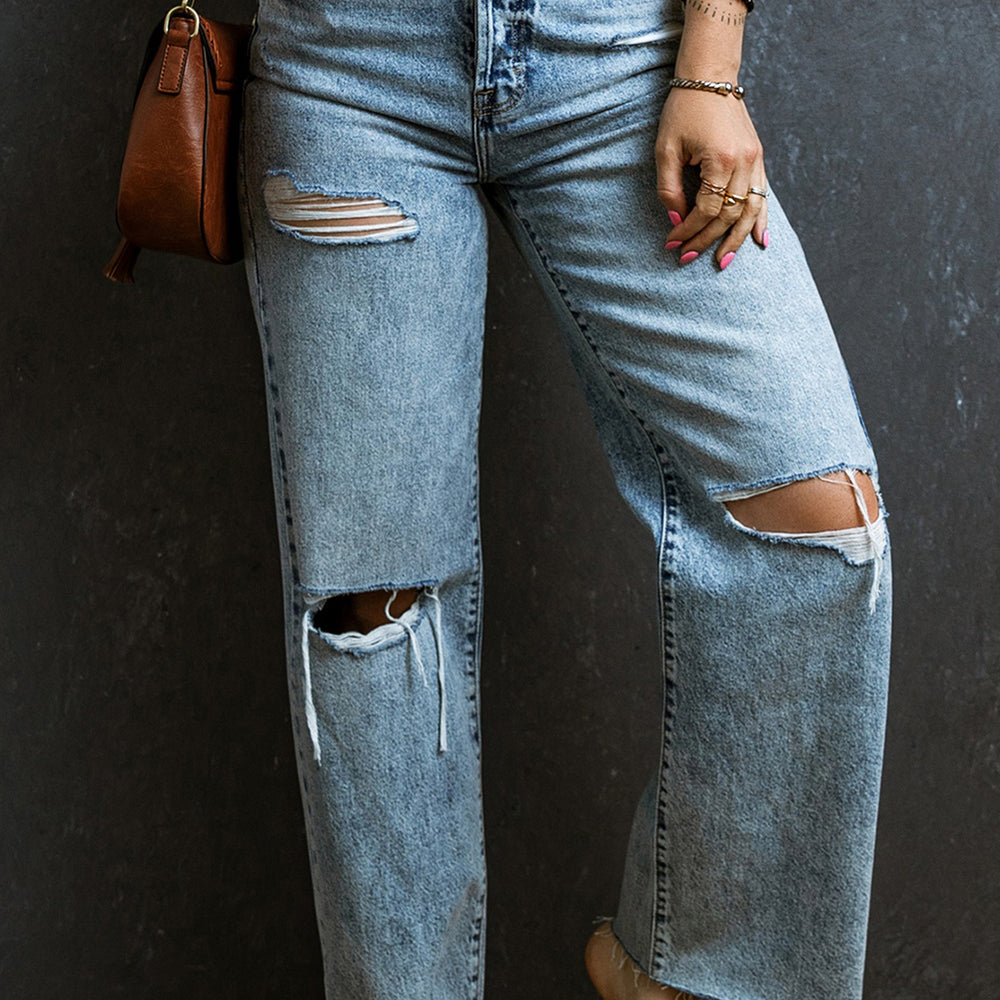 Distressed Raw Hem Straight Jeans