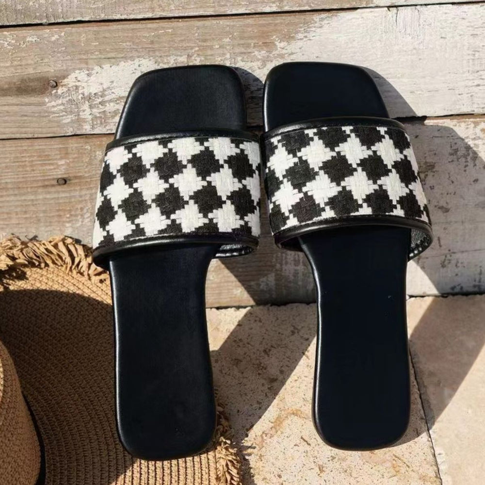 
                  
                    Plaid Open Toe Flat Sandals - Black Ivory Apparel and Boutique
                  
                