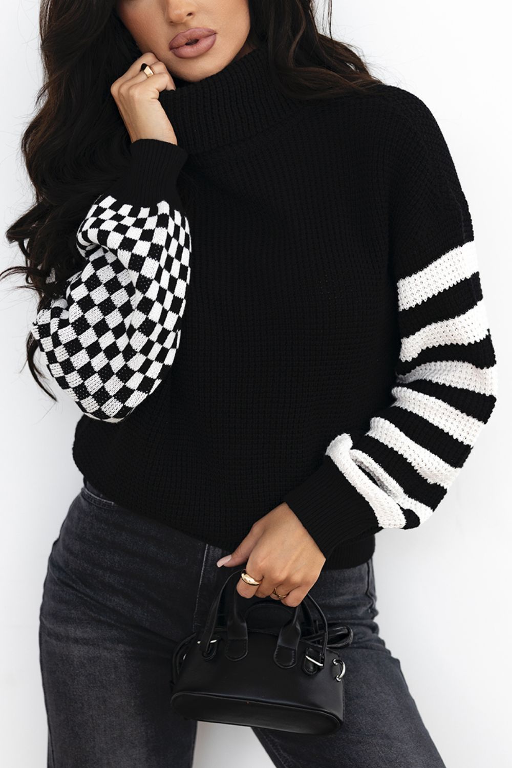 Striped & Checkered Turtleneck Dropped Shoulder Sweater - Black Ivory Apparel & Boutique