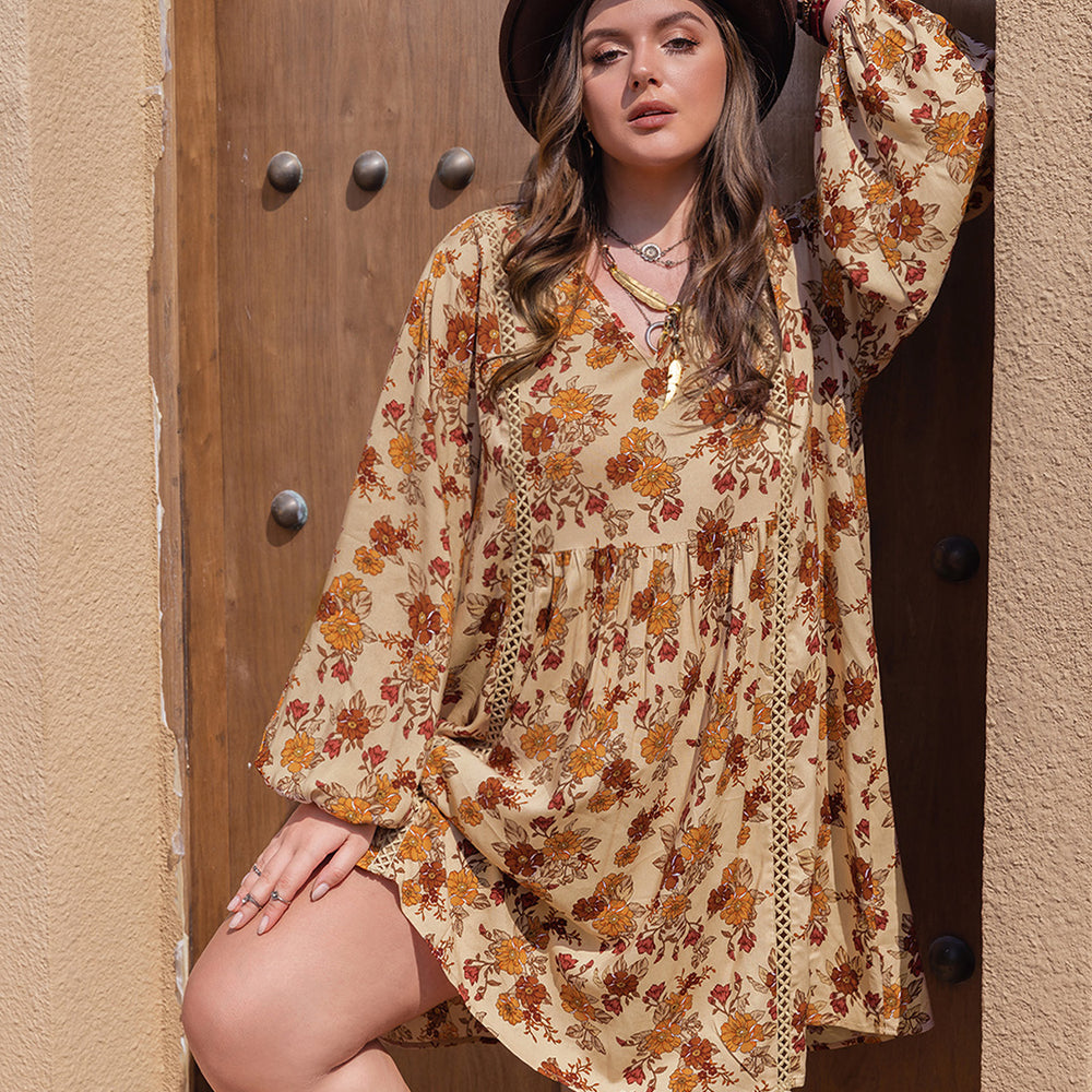 Plus Size Printed V-Neck Balloon Sleeve Mini Dress