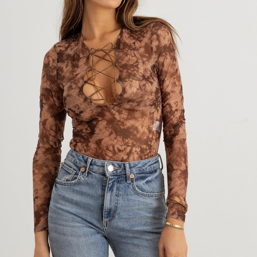 HERA COLLECTION Abstract Mesh Lace-Up Long Sleeve Bodysuit