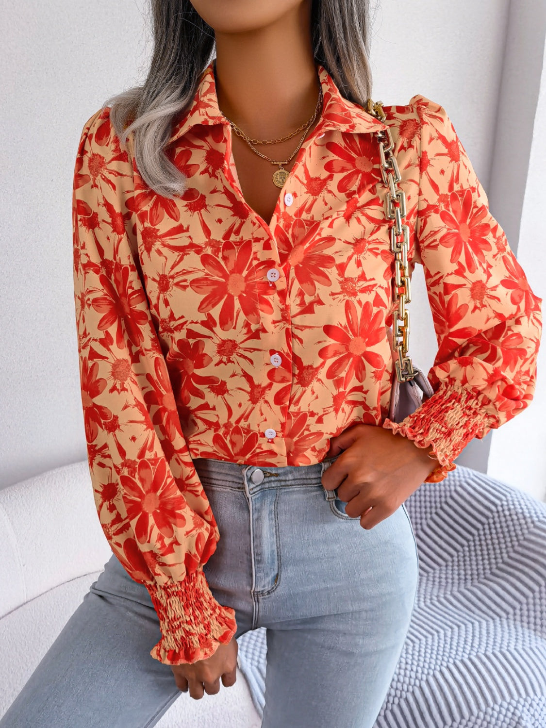 Floral Collared Neck Long Sleeve Shirt