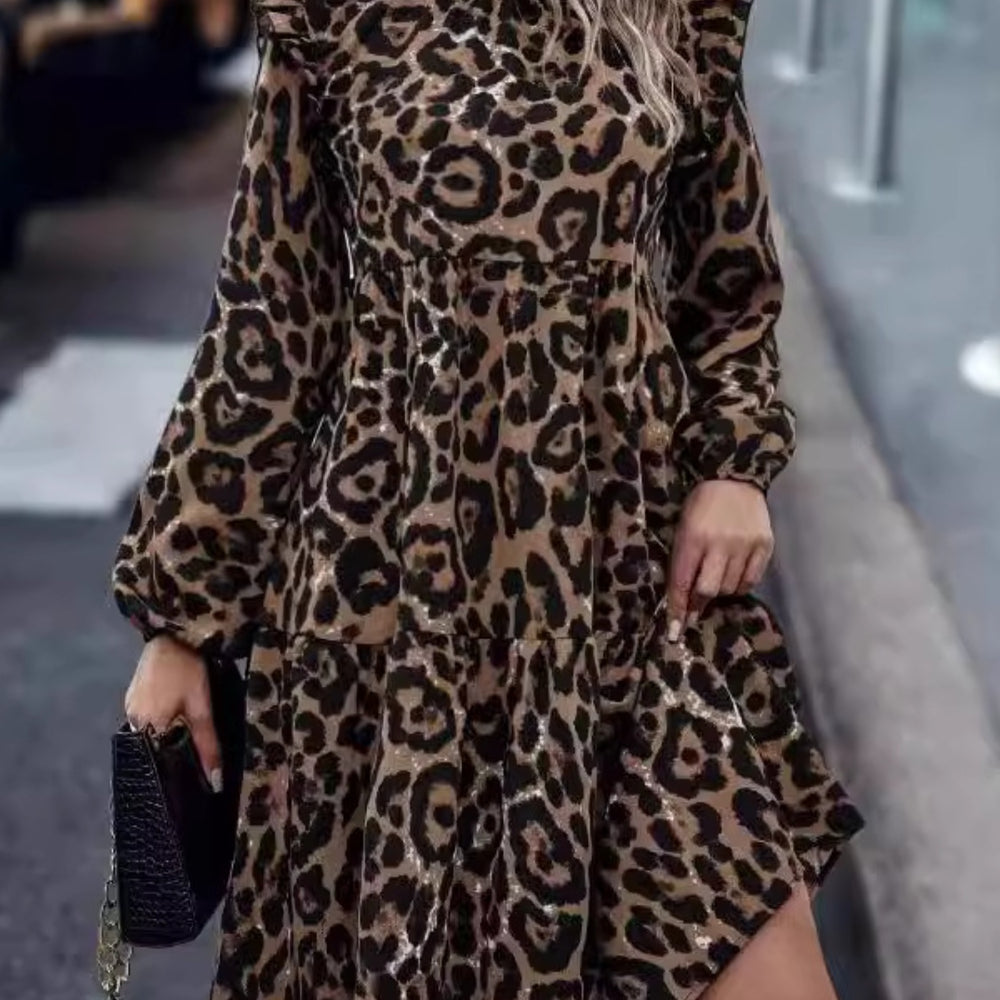 Ruffled Leopard Mock Neck Long Sleeve Mini Dress