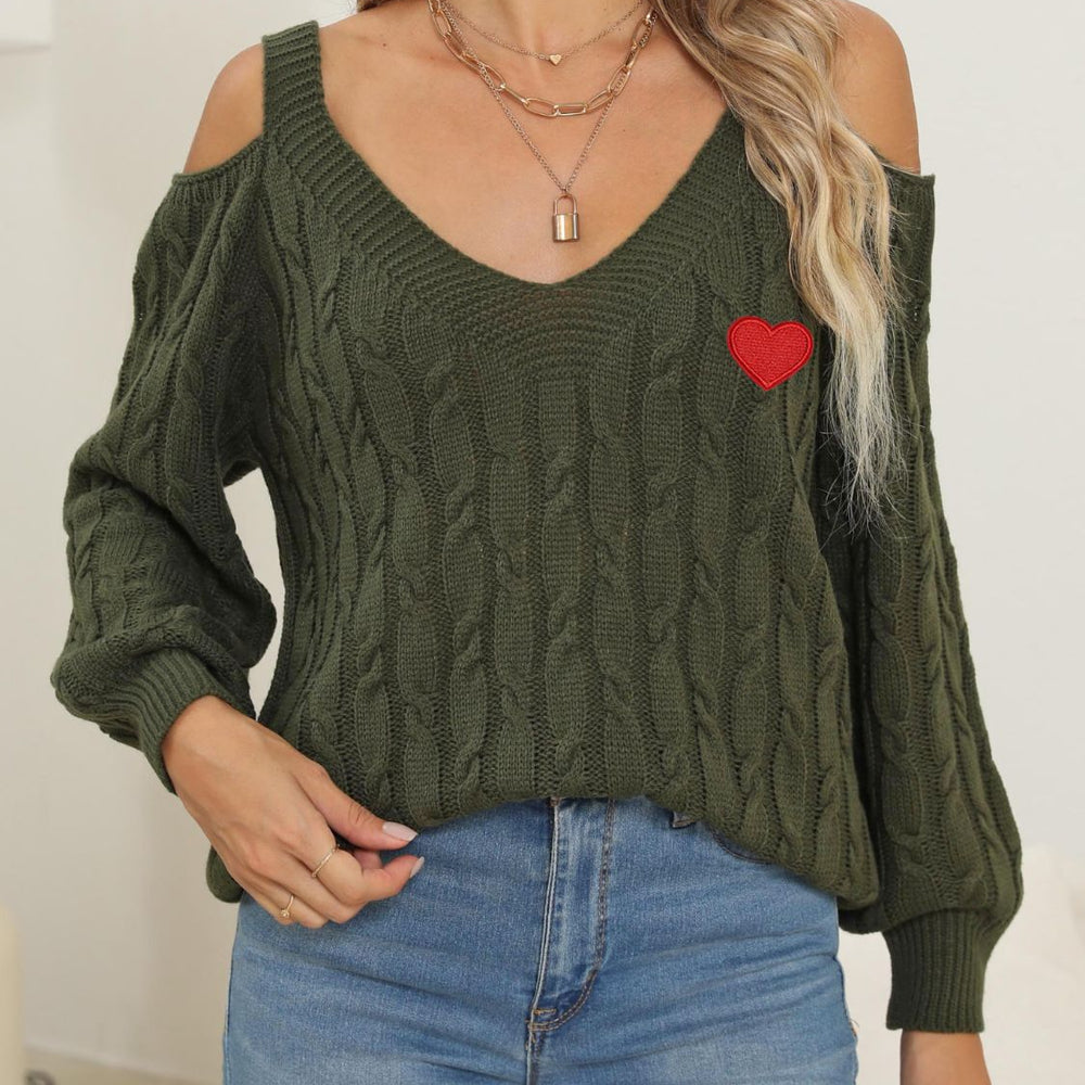 Cable-Knit Heart V-Neck Sweater