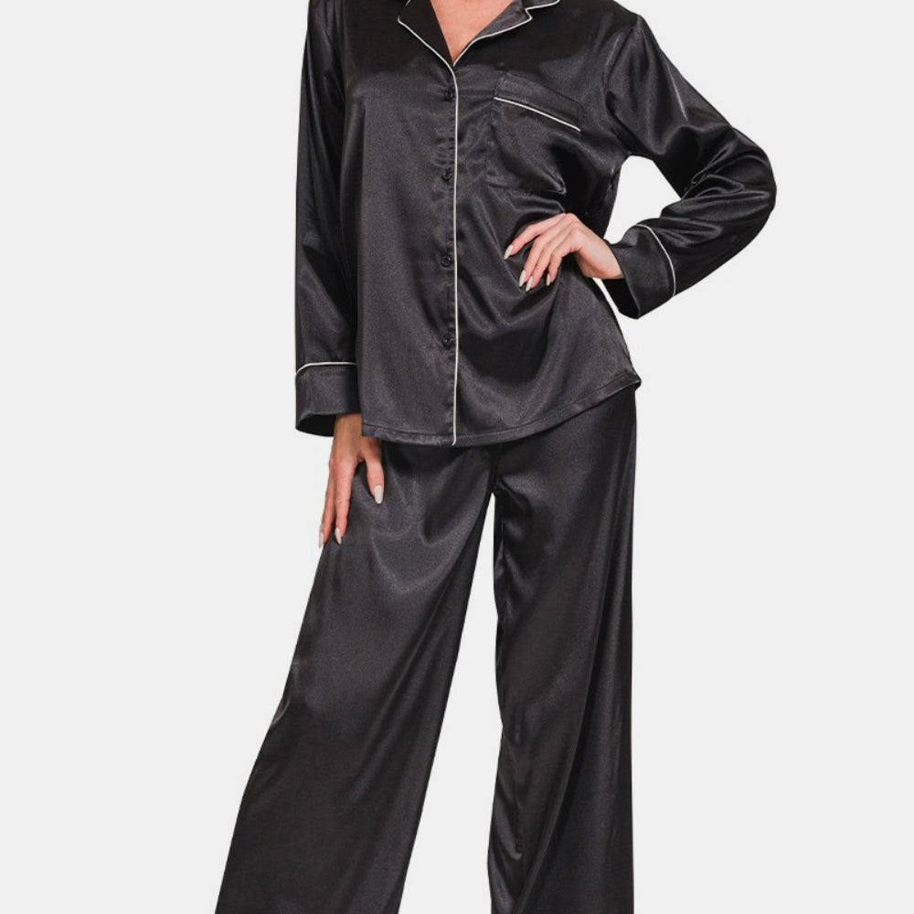 Zenana Satin Long Sleeve Shirt and Pants Pajama Set