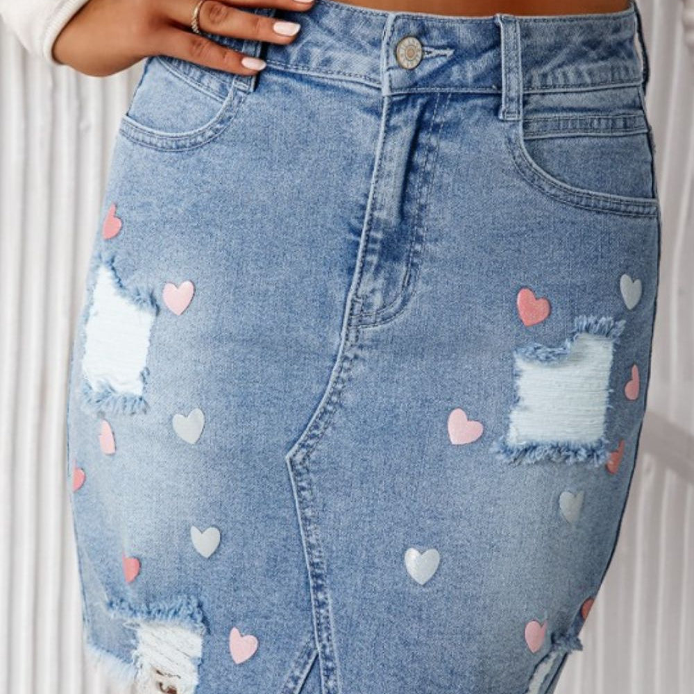 
                  
                    Distressed Raw Hem Heart Denim Skirt
                  
                