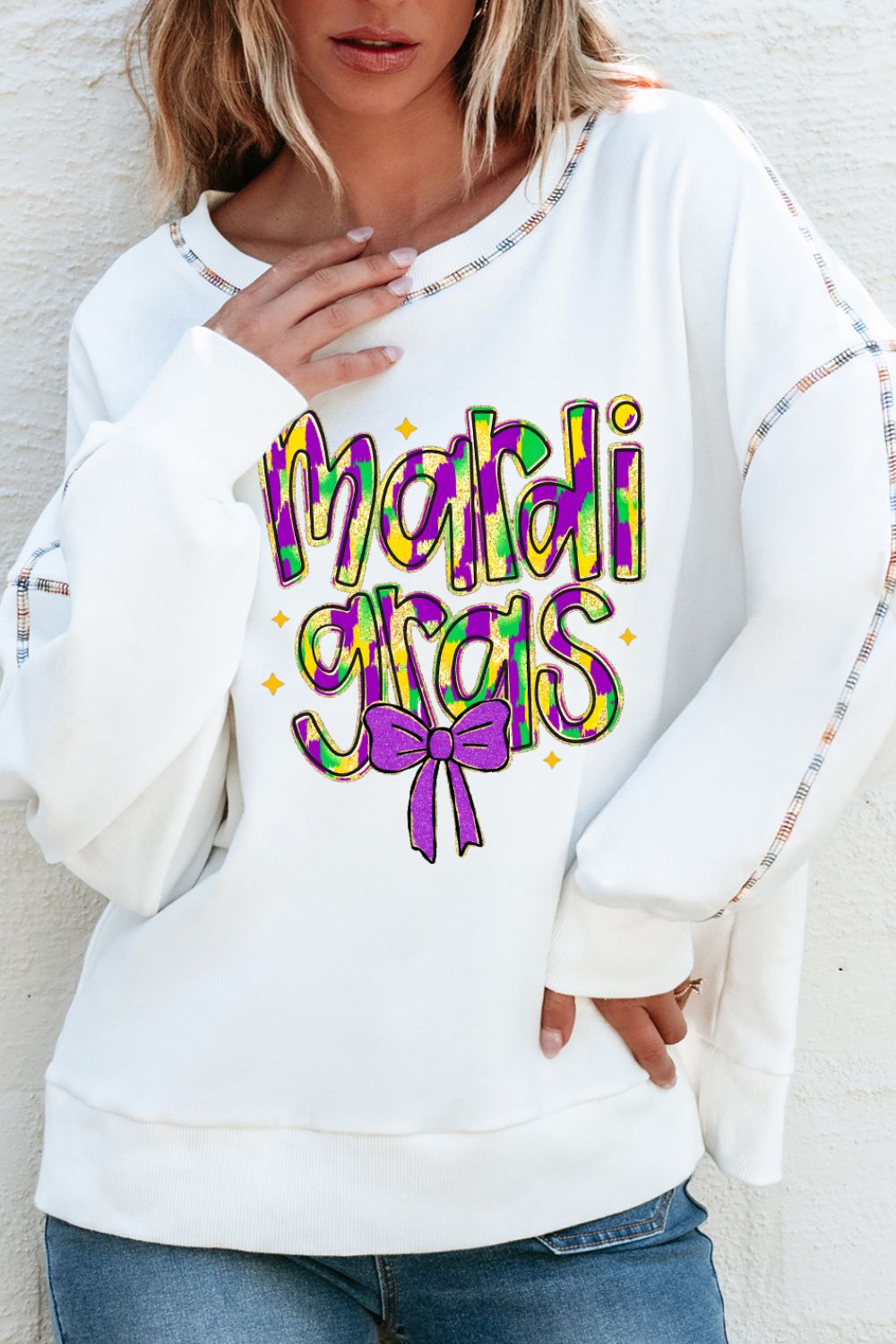 MARDI GRAS Round Neck Drop Shoulder Sweatshirt