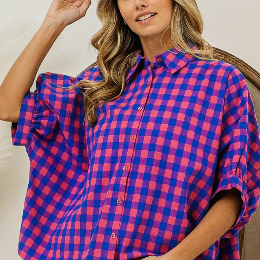 
                      
                        BiBi Plaid Button Up Dolman Sleeve Shirt
                      
                    