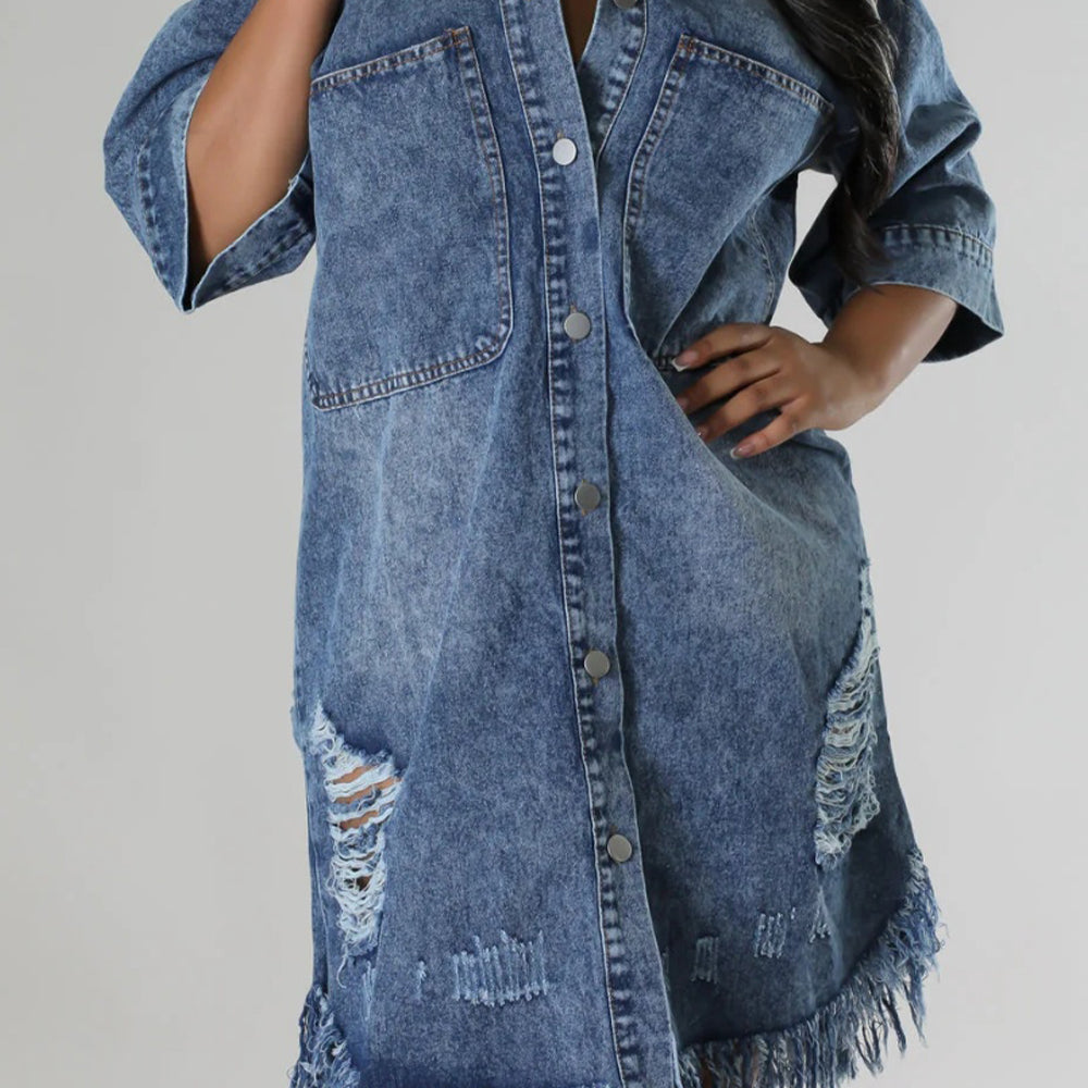 
                      
                        Distressed Raw Hem Button Up Denim Dress
                      
                    