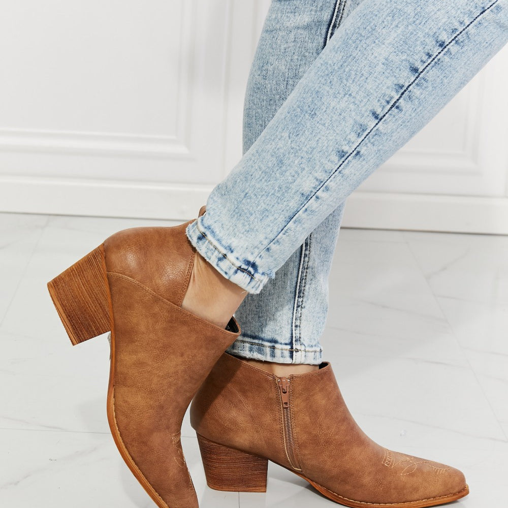 MMShoes Trust Yourself Embroidered Crossover Cowboy Bootie in Caramel