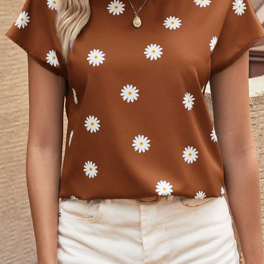 Daisy Printed Round Neck Short Sleeve Blouse