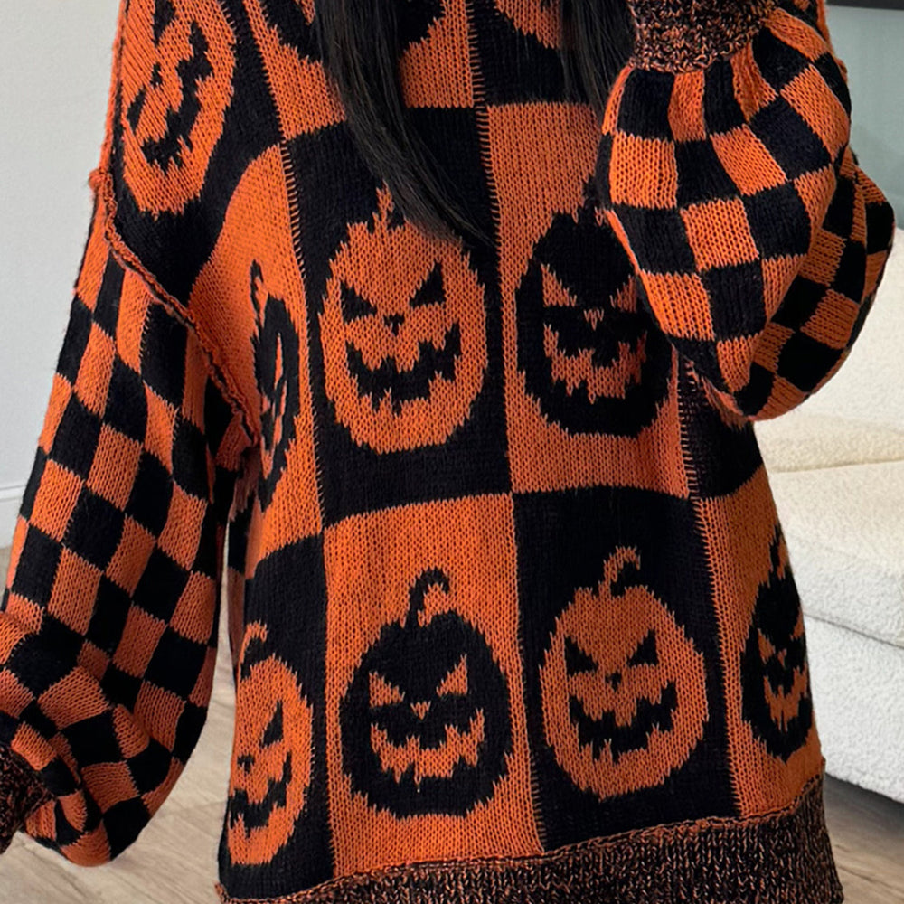 Exposed Seam Pumpkin Round Neck Long Sleeve Sweater