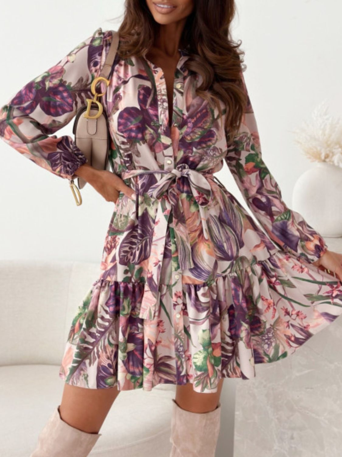 Ruffle Hem Floral Long Sleeve Dress - Black Ivory Apparel & Boutique