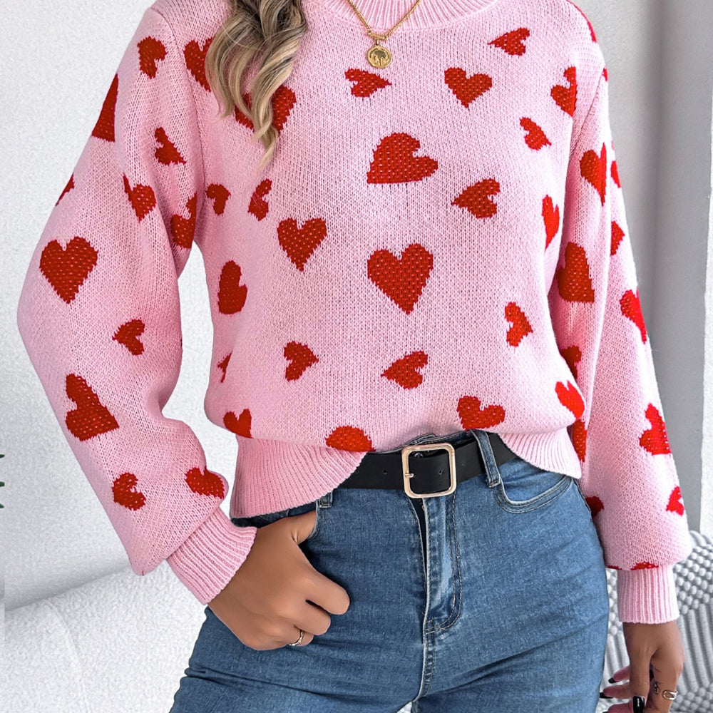 Heart Round Neck Long Sleeve Sweater