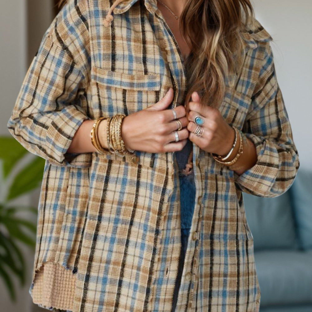 Drawstring Plaid Button Up Hooded Shacket