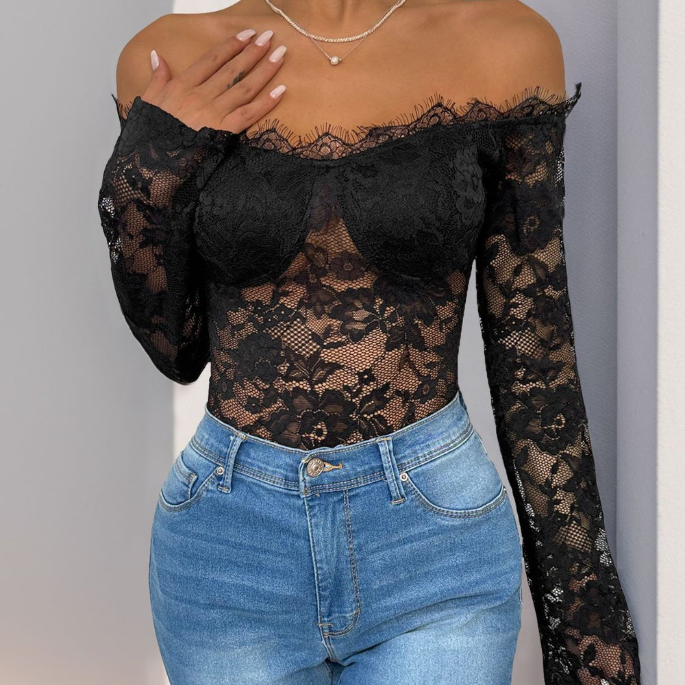 Perfee Lace Off-Shoulder Long Sleeve Bodysuit