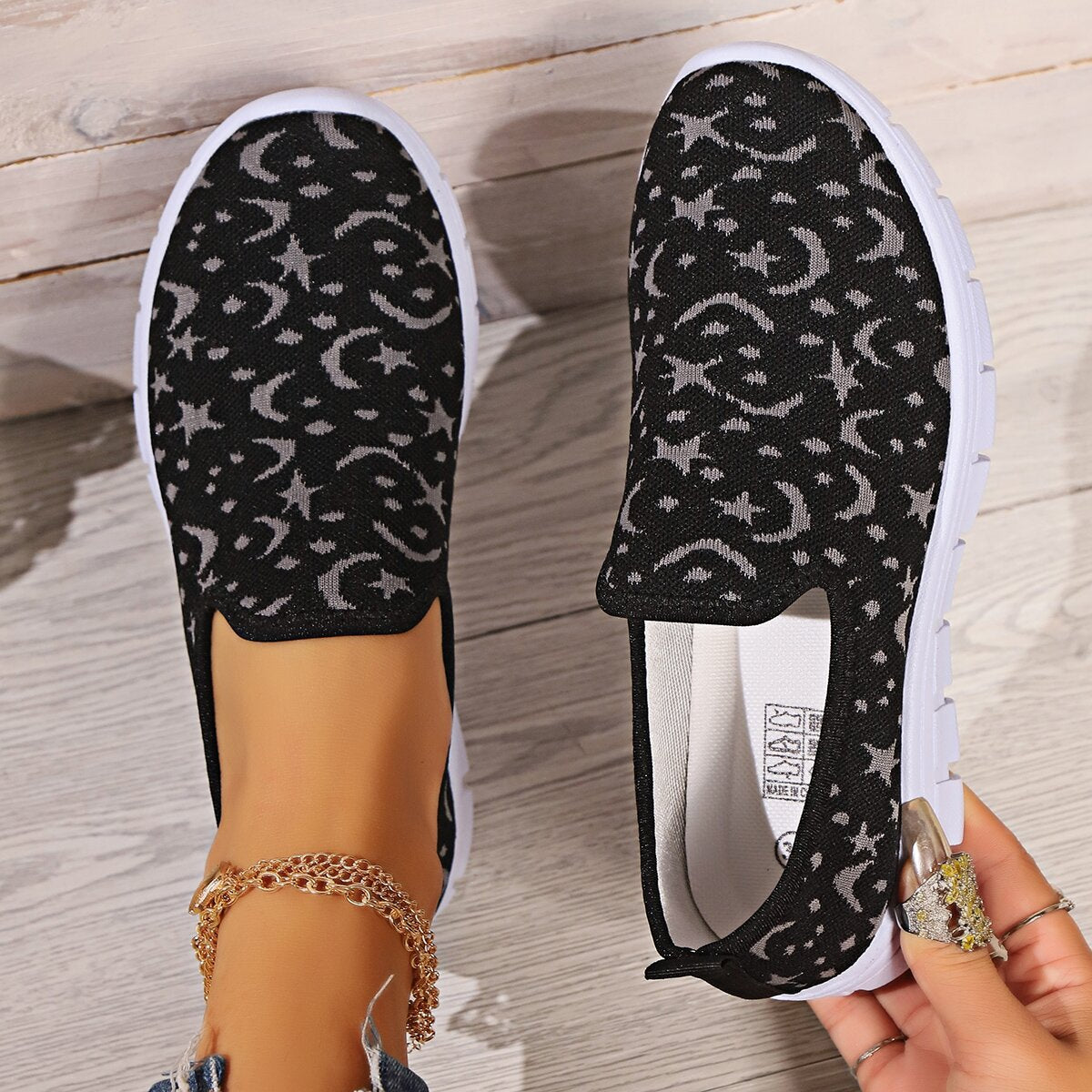 Star & Moon Pattern Flat Loafers - Black Ivory Apparel and Boutique