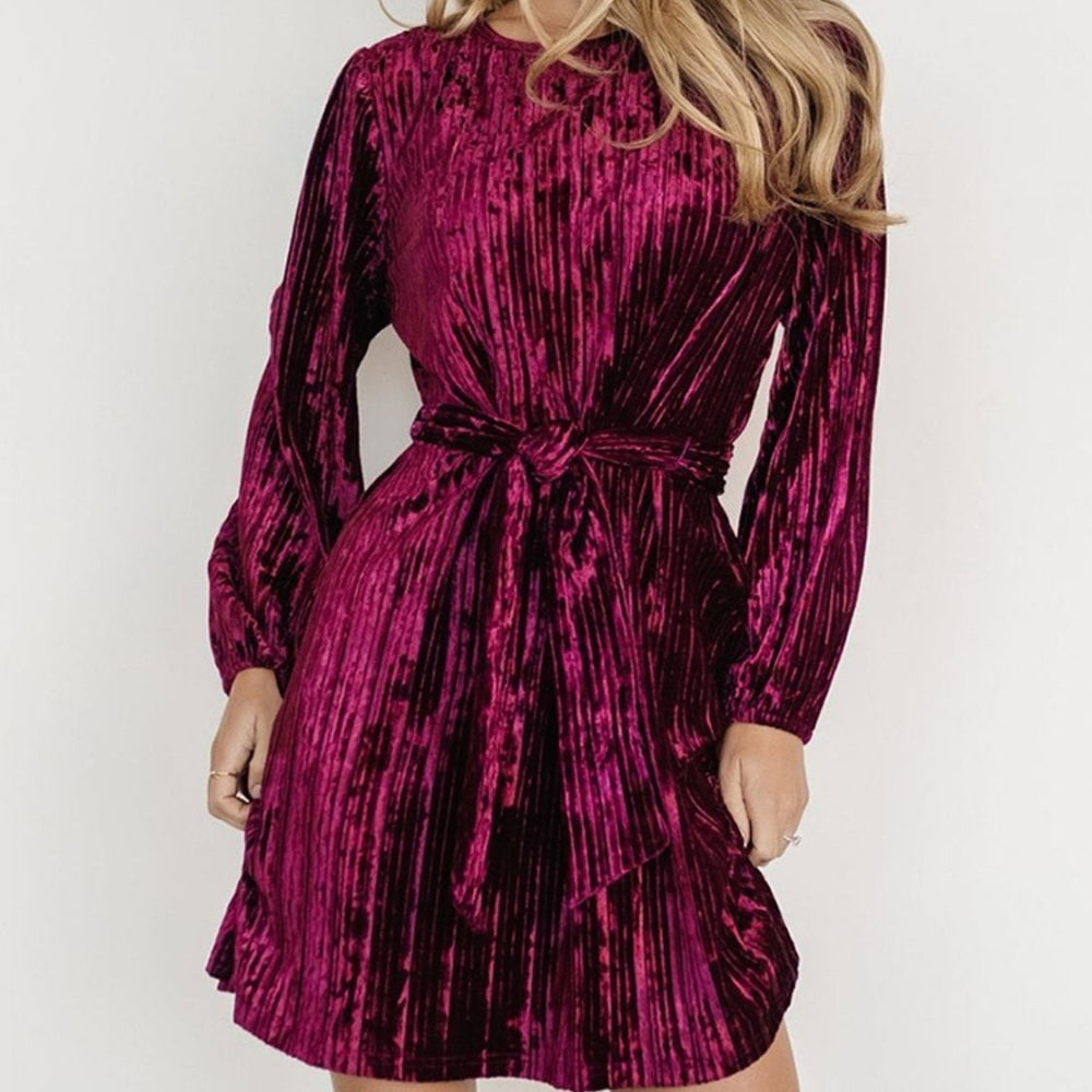 Velvet Round Neck Tie Waist Long Sleeve Mini Dress