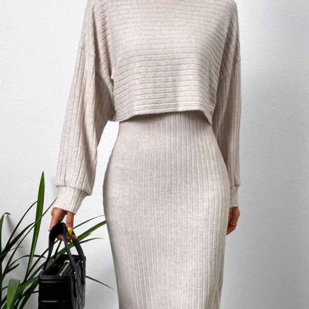 Mock Neck Long Sleeve Top and Wide Strap Dress Set