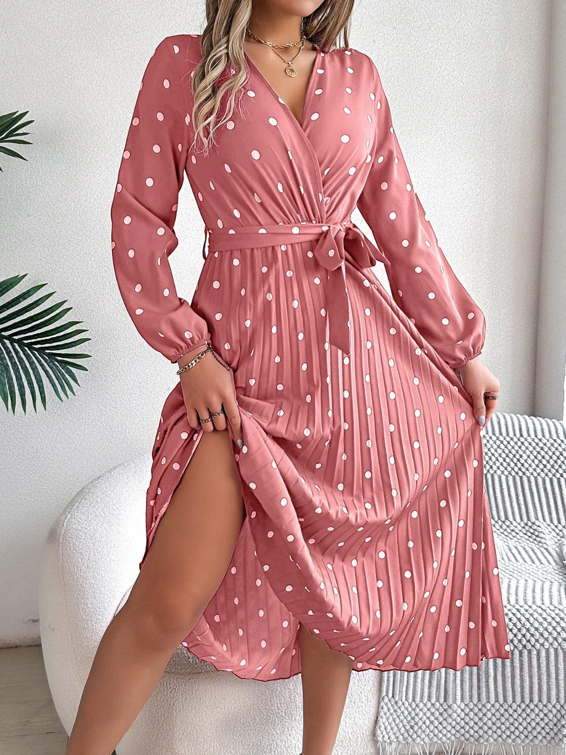 Tied Polka Dot Long Sleeve Midi Dress - Black Ivory Apparel and Boutique