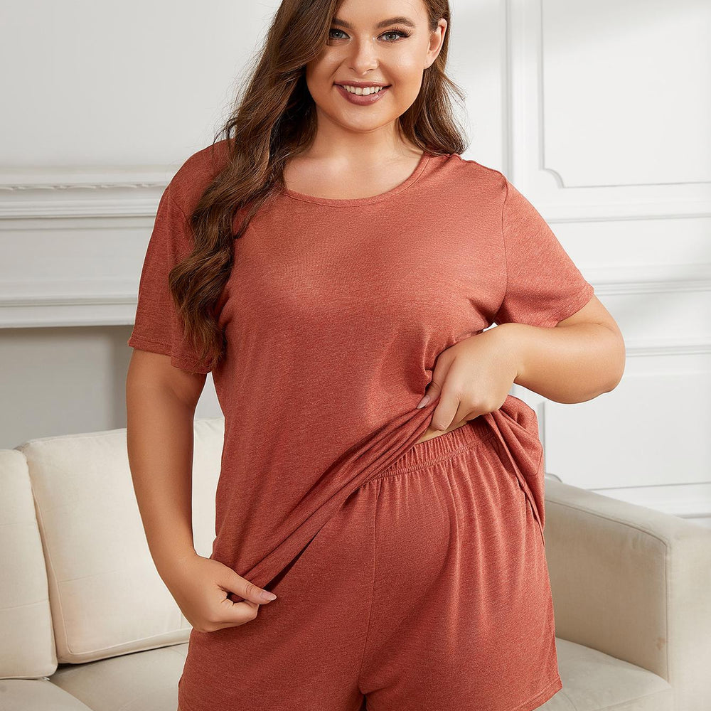 Plus Size Round Neck Short Sleeve Two-Piece Loungewear Set