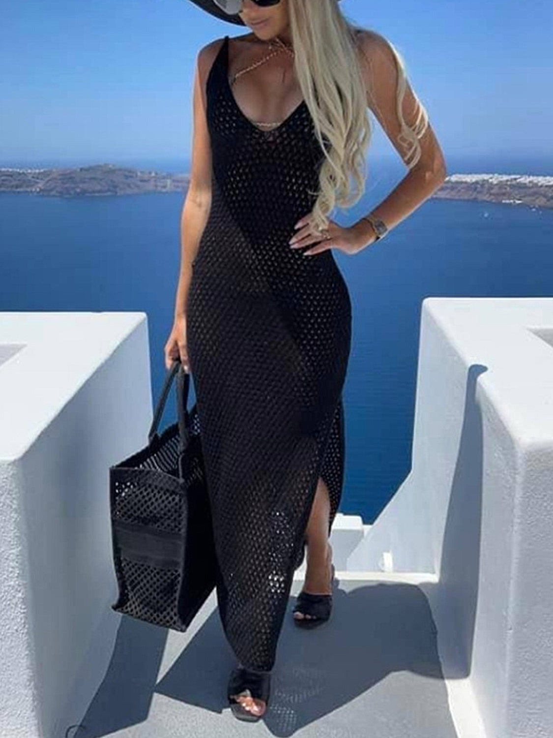 Slit Openwork V-Neck Sleeveless Cover Up - Black Ivory Apparel and Boutique
