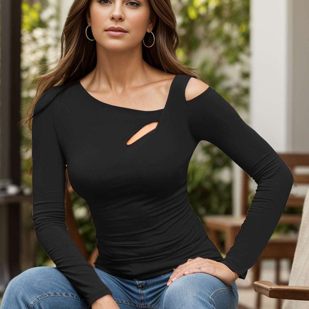 
                      
                        Cutout Asymmetrical Neck Long Sleeve T-Shirt
                      
                    