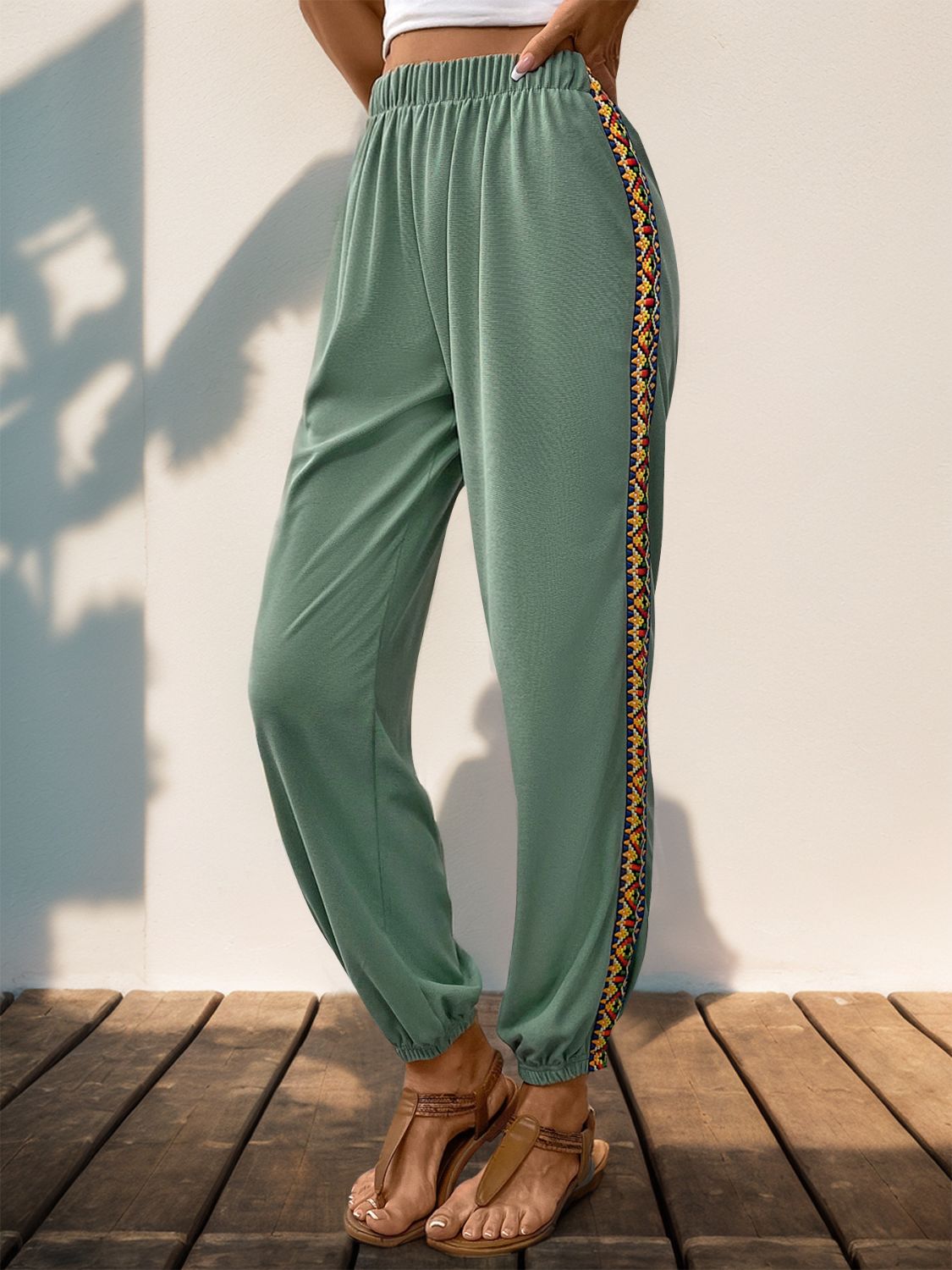 Weave Band Patchwork Elastic Waist Joggers - Black Ivory Apparel and Boutique
