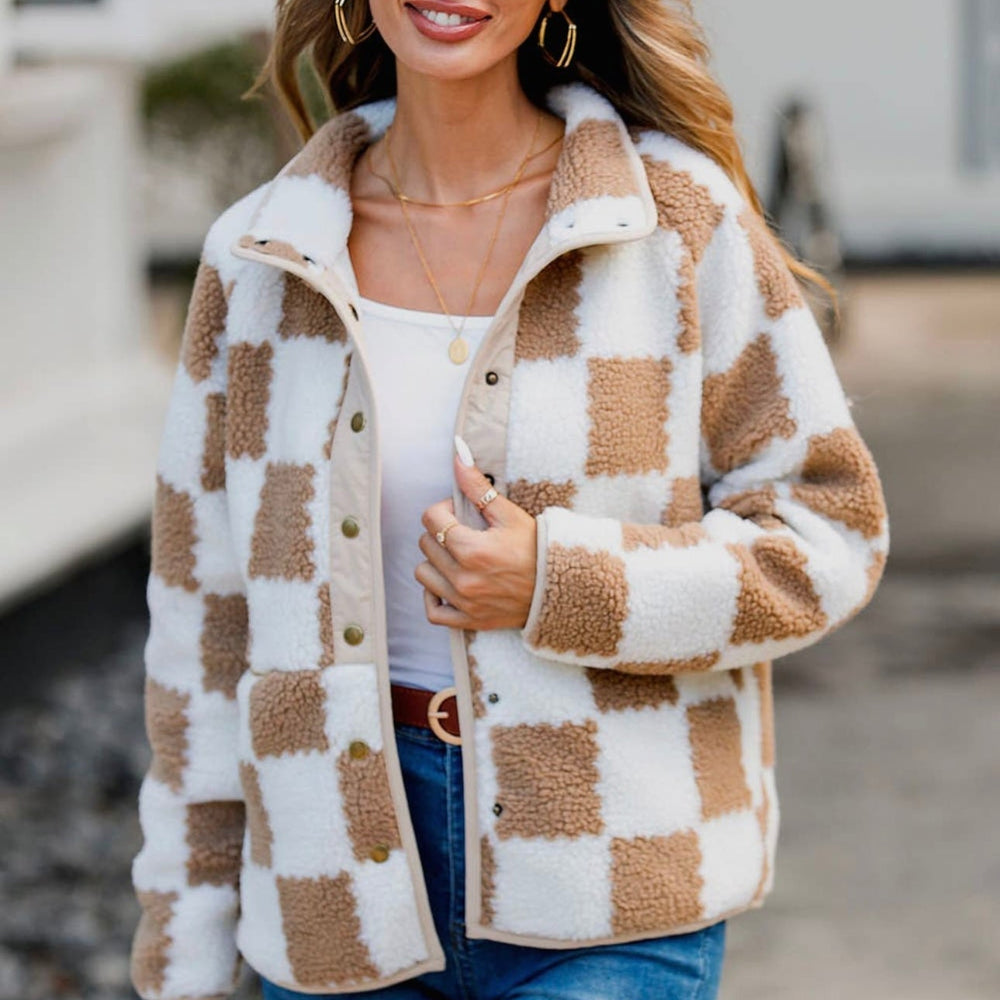 
                  
                    Checkered Snap Down Long Sleeve Teddy Jacket
                  
                