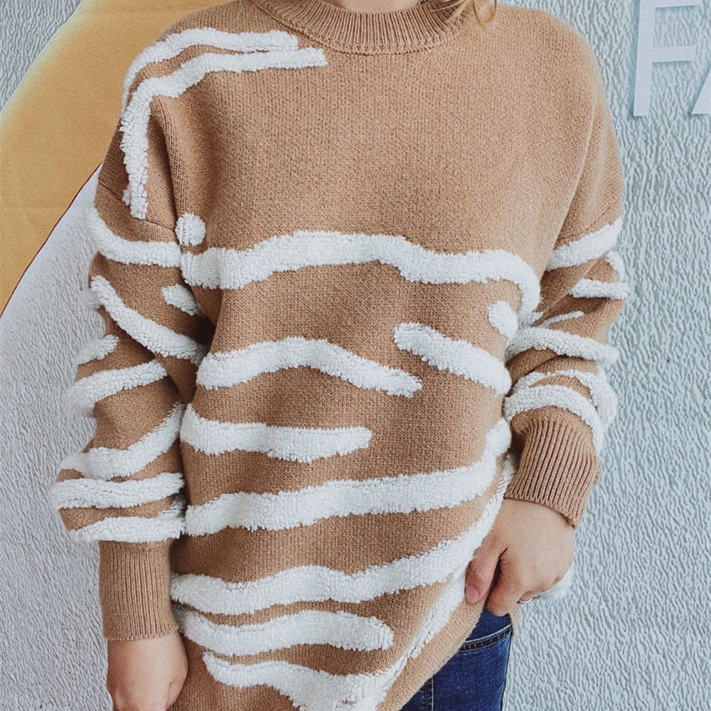 Contrast Round Neck Long Sleeve Sweater