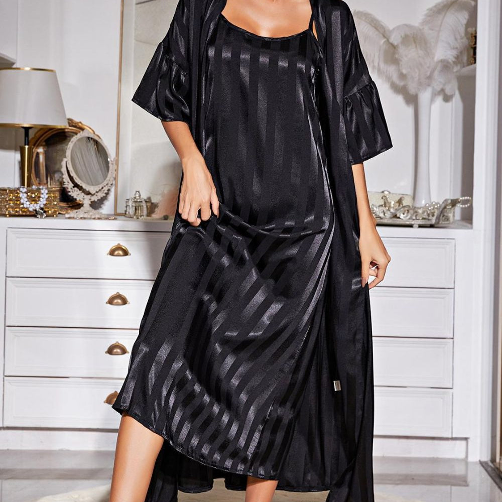 Striped Flounce Sleeve Open Front Robe and Cami Dress Set