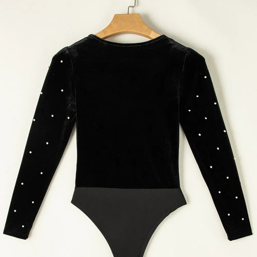 Pearl Detail V-Neck Long Sleeve Bodysuit - Black Ivory Apparel and Boutique