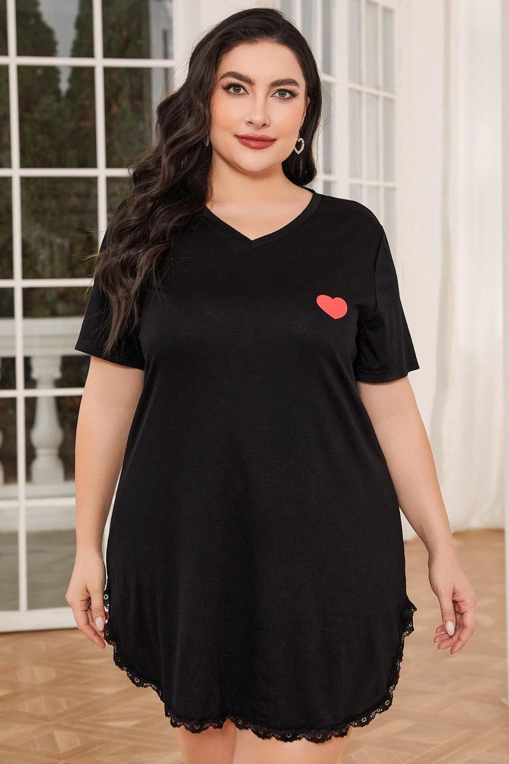 Plus Size Lace Trim V-Neck Short Sleeve Night Dress - Black Ivory Apparel and Boutique