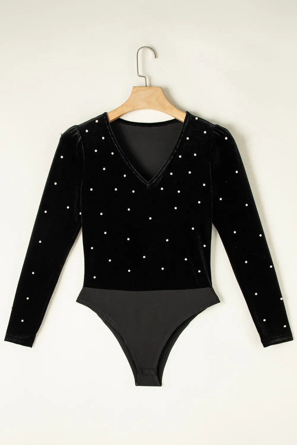 Pearl Detail V-Neck Long Sleeve Bodysuit - Black Ivory Apparel and Boutique