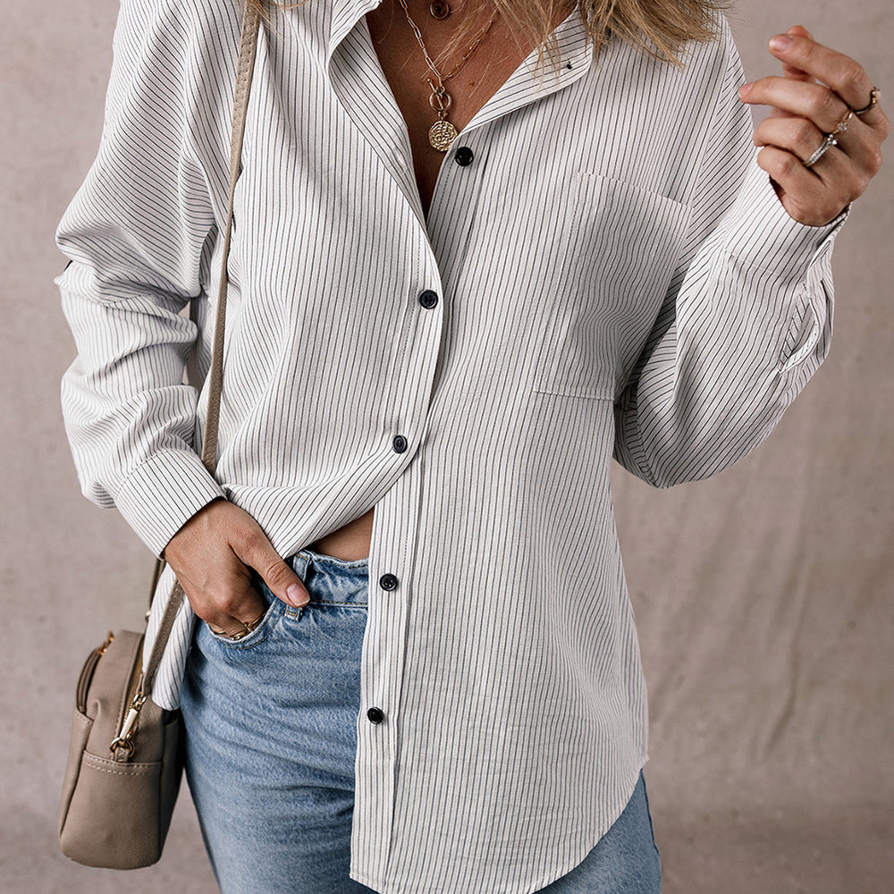 
                  
                    Pocketed Striped Collared Neck Long Sleeve Shirt
                  
                