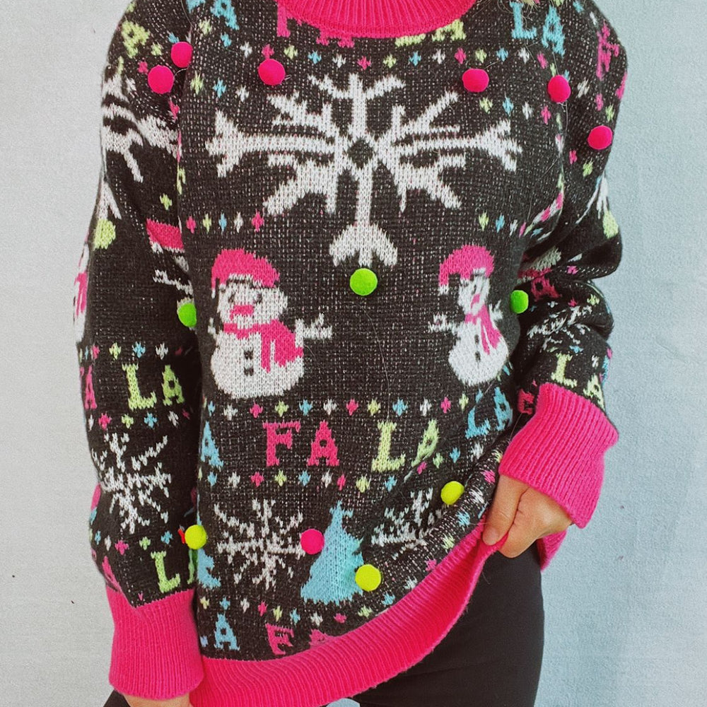 Snowman Contrast Trim Round Neck Sweater