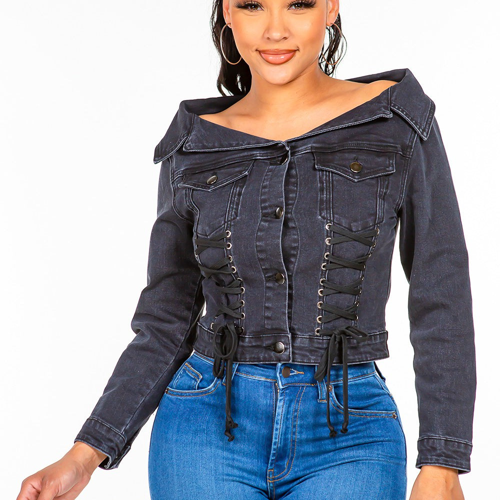 American Bazi Off Shoulder Lace Up Denim Jacket