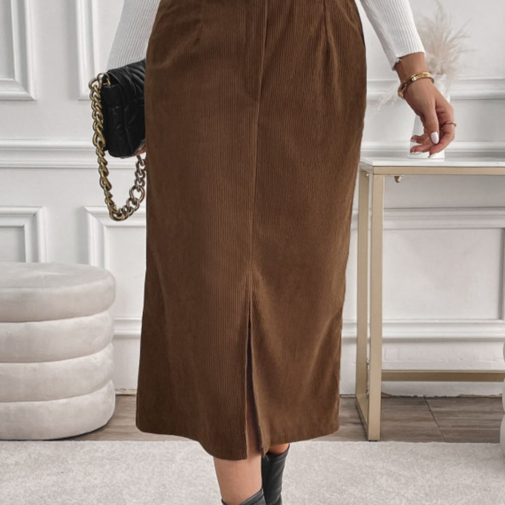 Perfee Slit Midi Skirt with Pockets