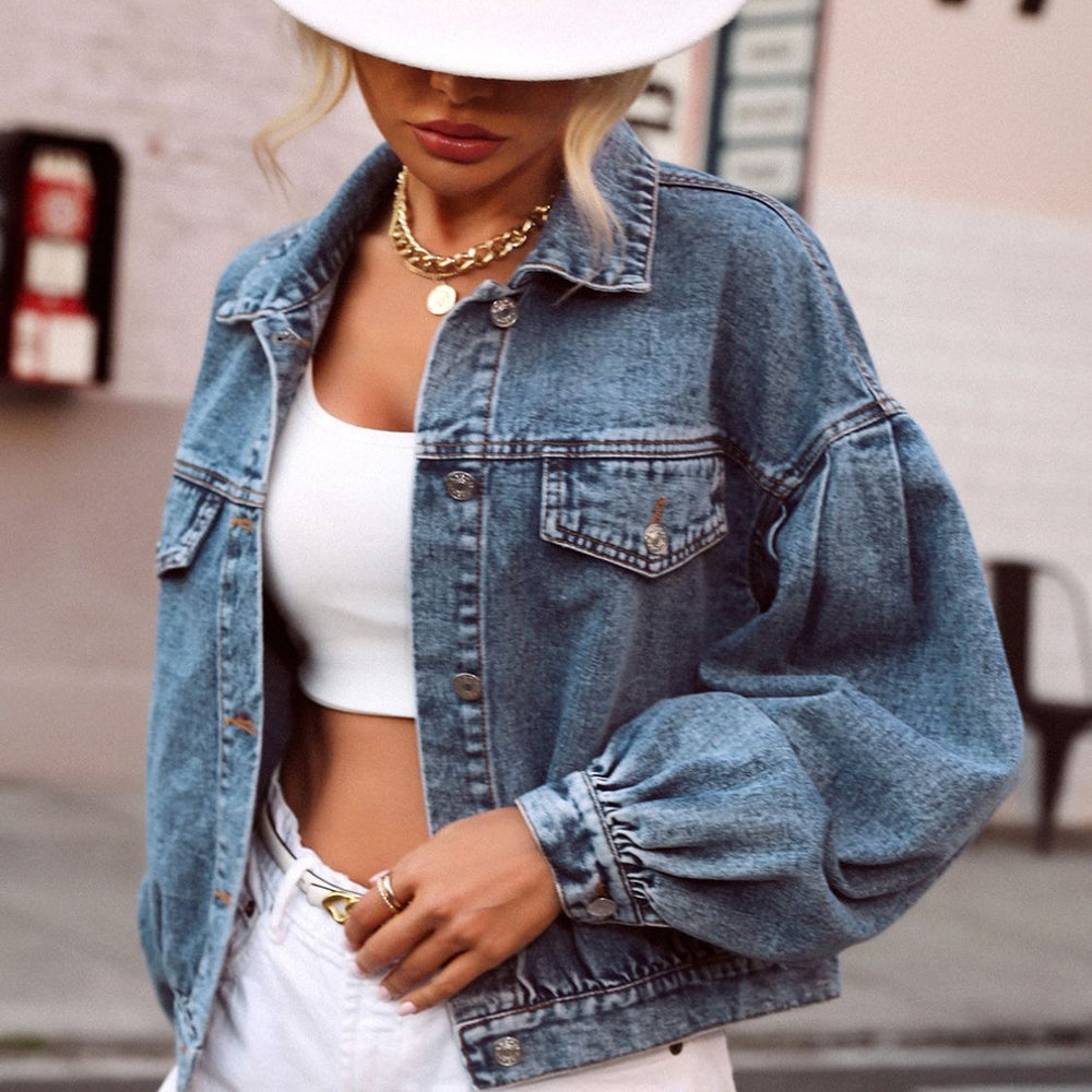 Collared Neck Dropped Shoulder Denim Top