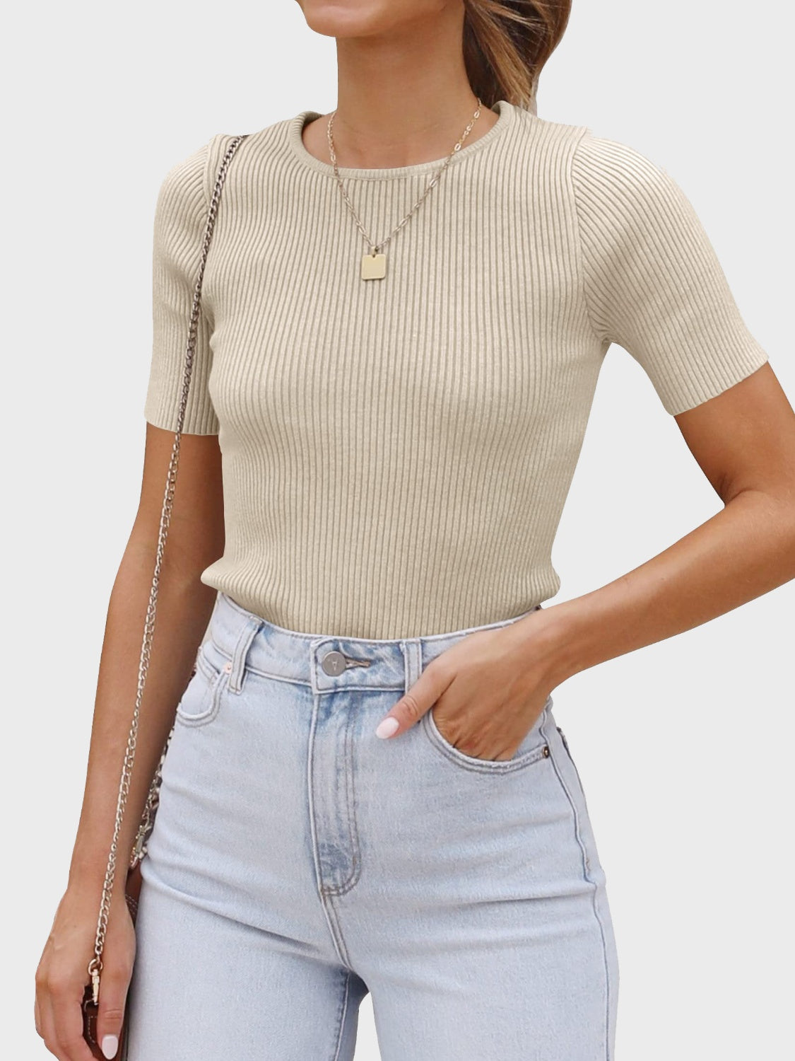 Round Neck Short Sleeve Knit Top - Black Ivory Apparel and Boutique