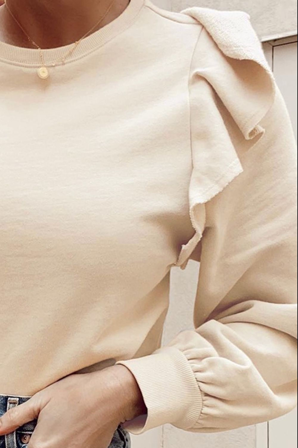 Ruffled Round Neck Long Sleeve Blouse - Black Ivory Apparel & Boutique