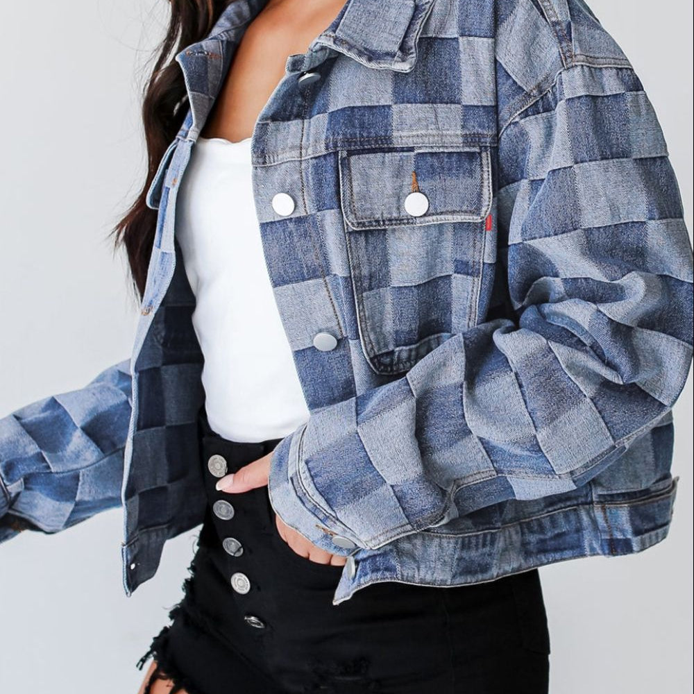 Checkered Button Up Denim Jacket