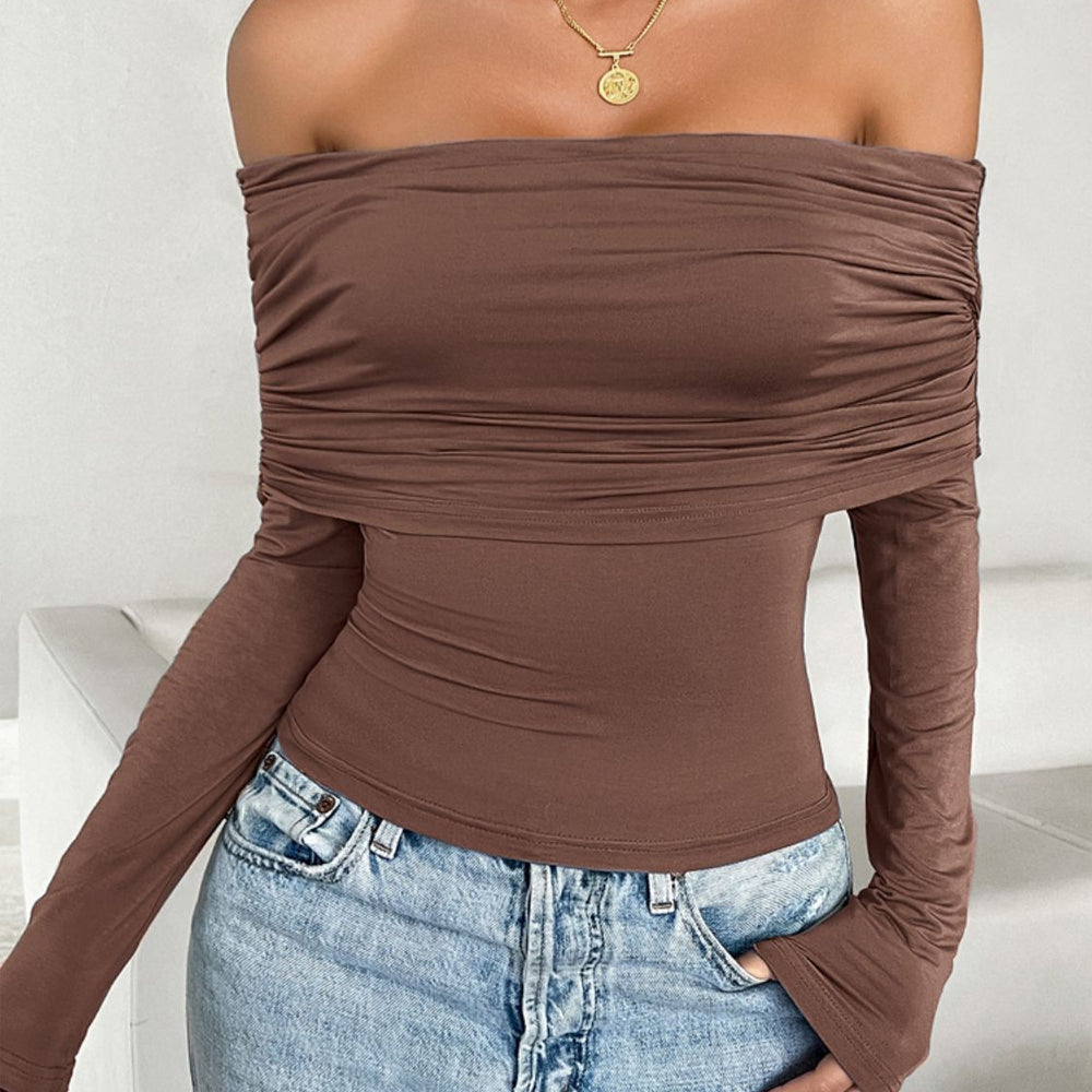 
                      
                        Ruched Off-Shoulder Long Sleeve T-Shirt
                      
                    