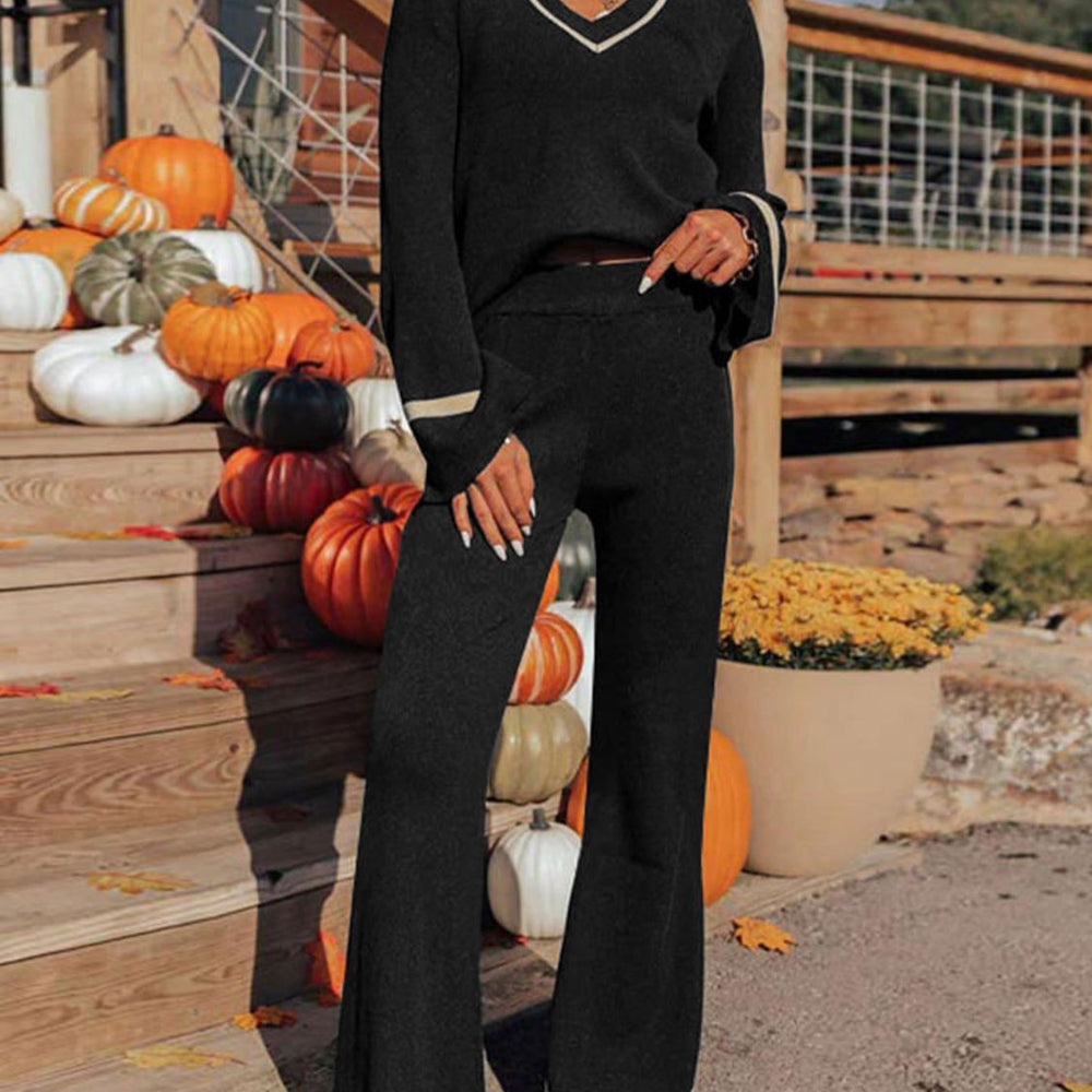 Perfee V-Neck Long Sleeve Top and Pants Set