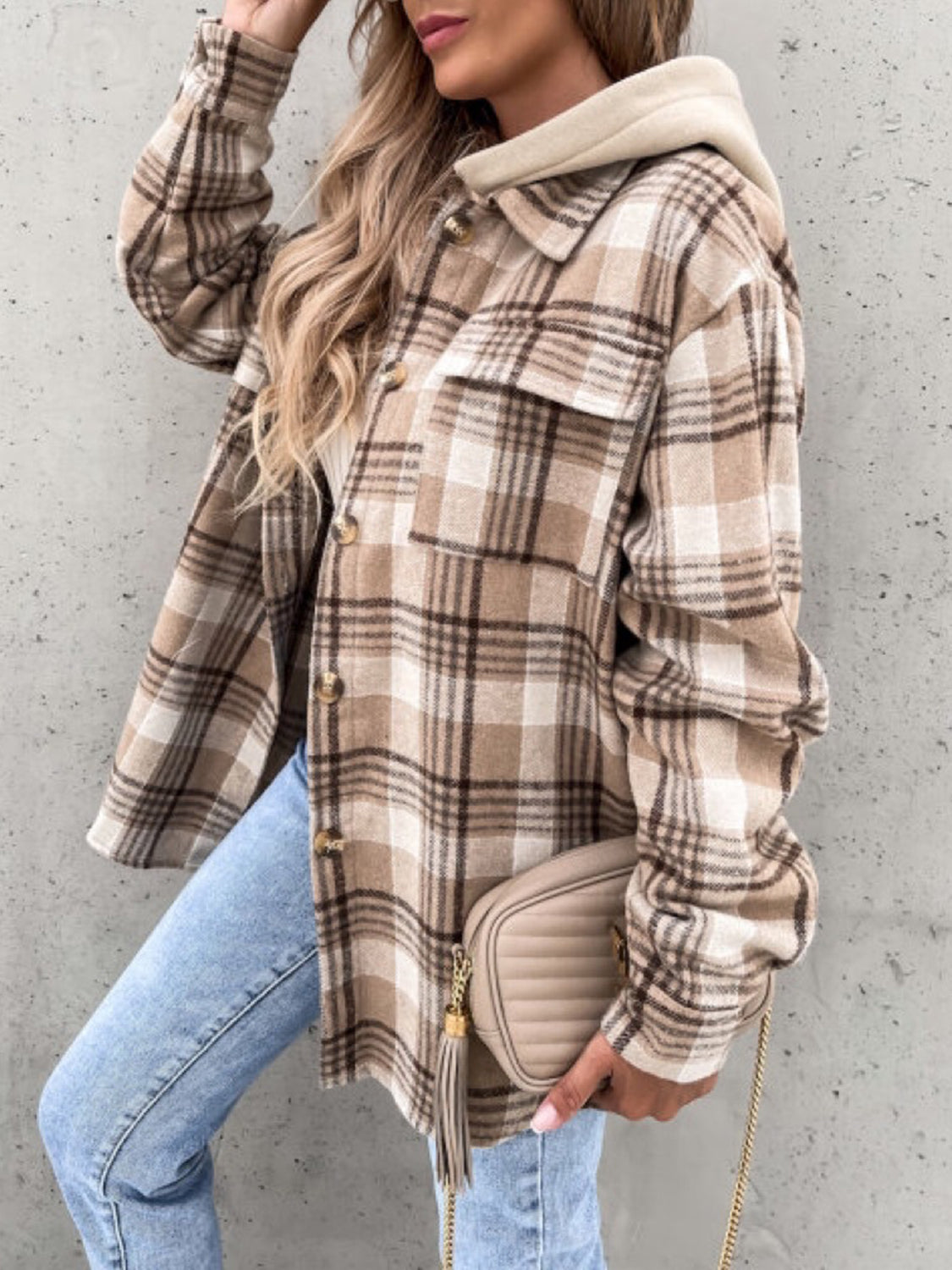 Plaid Button Up Jacket with Removable Hood - Black Ivory Apparel & Boutique