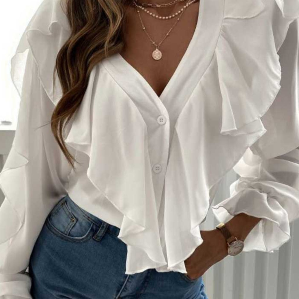 
                  
                    Full Size Ruffled V-Neck Button Down Flounce Sleeve Blouse
                  
                