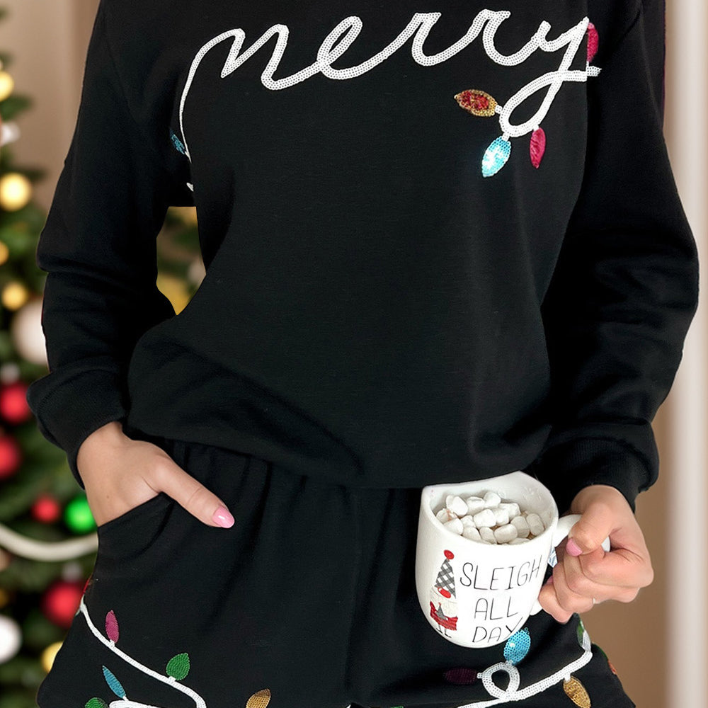 MERRY Sequin Round Neck Long Sleeve Top and Shorts Set